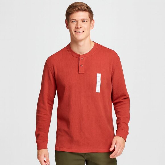 GoodFellow & Co. New Men's Henley Waffle Shirt Size Medium Rust Long Sleeve - Picture 1 of 3